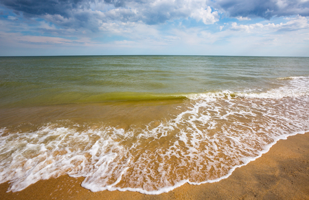 summer landscape with foam on sea shoreの写真素材