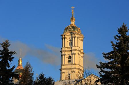 bell tower of the Holy Dormition Pochayiv Lavra in the morning sunlight, Ukraineの写真素材