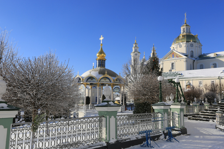 Holy Dormition Pochayiv Lavra in winter morning sunlight, Ukraineの写真素材