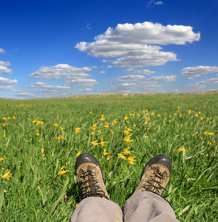 Legs of traveler sitting on green spring meadow. Freedom conceptの写真素材