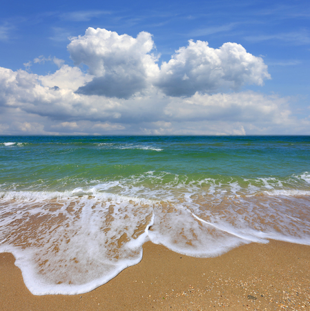 Summer landscape with nice clouds over seaの写真素材