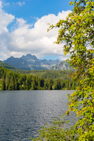 Nice landscape with lake in Tatra mountains. Strebske Pleso, Slovakiaの写真素材