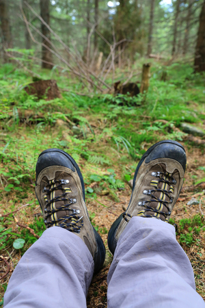 hikers legs in boots om meadow in forestの写真素材