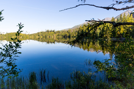 morning landscape with lake in mountains, Slovakiaの写真素材