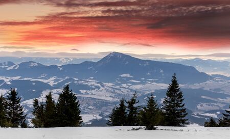 winter evening  landscape in mountains, view from mountain top on valley. take it in Slovakia