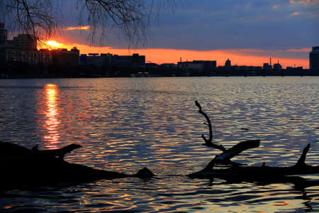 nice evening sunset scene on Dnipro river in Ukraineの写真素材