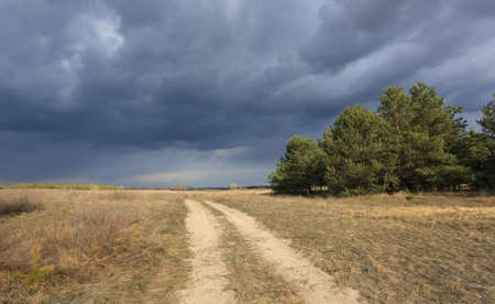 thunderstorm sky over dirt road in steppeの写真素材