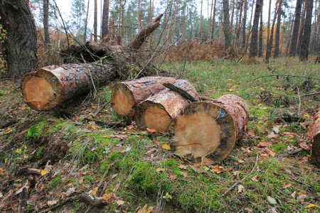 Autumn landscape with pine logs in forestの写真素材