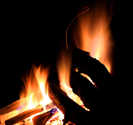 Hot flame of fire on burning woodの写真素材