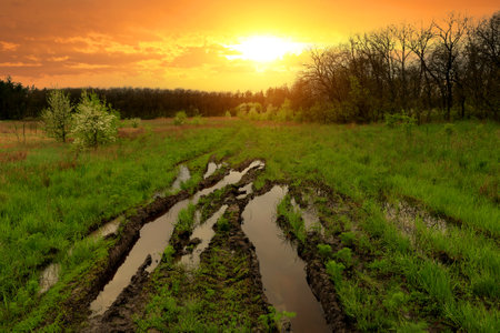 Landscape with wet dirt roads on sunset sky background. take it in Ukraineの写真素材