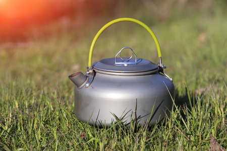 abstract tourist kettle on green grassの写真素材