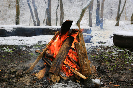 Hot flame over burning wood in winter tourist campの写真素材
