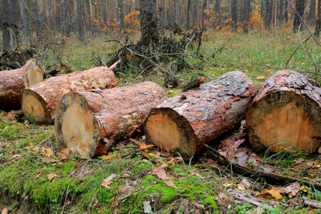 pine logs  on green moss in autumn forestの写真素材