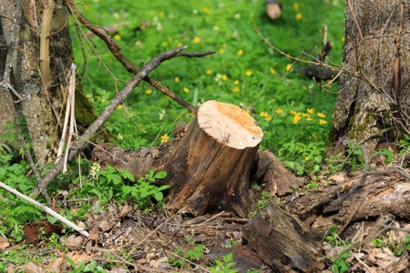 view on wooden stump in spring forestの写真素材