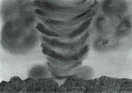 This hand drawn pencil drawing shows a tornado over a city.の写真素材