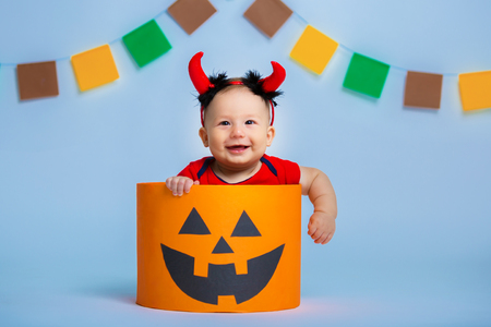 Portrait of a happy child in the style of Halloweenの写真素材