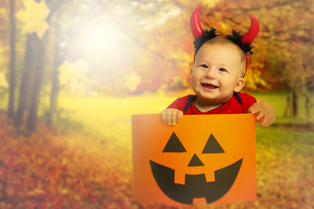 Portrait of a happy child in the style of Halloweenの写真素材