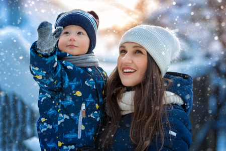 Woman and child in winter in nature. Portrait of a happy family