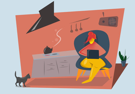 Freelancer. A woman works at a computer in her kitchen. Illustrationのイラスト素材