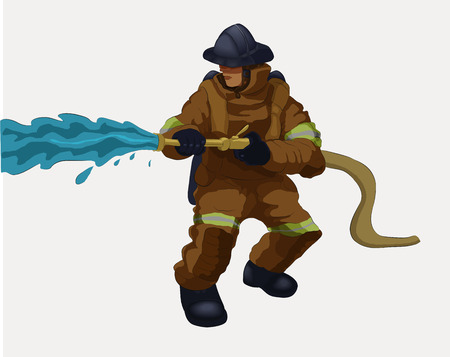 Vector illustration shows a fireman holding a water hose.のイラスト素材