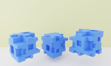Three abstract cubes in the air. Pedestals. 3D rendering.