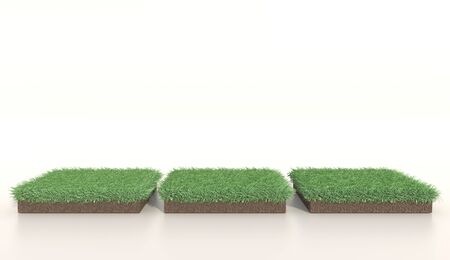 3D illustration of three squares green grass, soil ground, turf. Grass square. Realistic 3D rendering.の写真素材