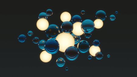 Balls with balls of light on dark background. Bunch of balls. Abstract composition with spheres. 3D...