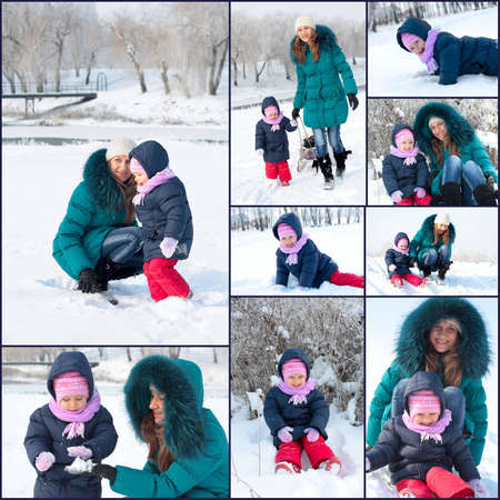 Mother and  kid having fun outdoors on beautiful winter dayの写真素材