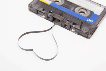 close up of vintage audio tape on white backgroundの写真素材