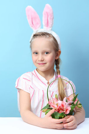 funny girl with rabbit earsの写真素材