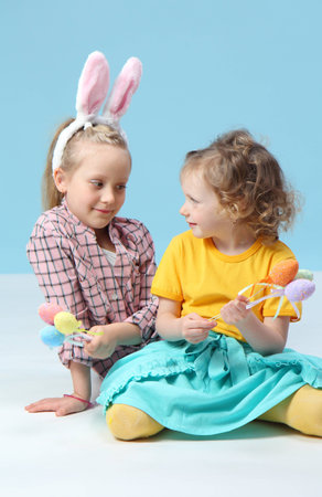 funny girls with rabbit earsの写真素材