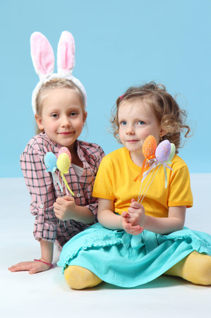 funny girls with rabbit earsの写真素材