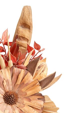 detail of hand made wooden flower isolated on white backgroundの写真素材