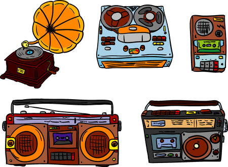 vector - set of retro tape players and gramophoneのイラスト素材