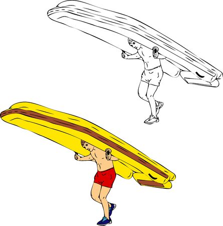 young man carries big inflatable boatのイラスト素材
