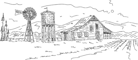 vector - Old farm under mountains hand drawのイラスト素材