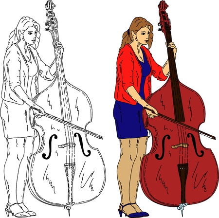 vector - Young woman playing the double-bass , isolated on backgroundのイラスト素材