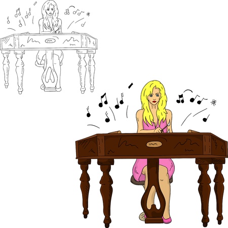 vector - young grirl playing the dulcimer, isolated on backgroundのイラスト素材