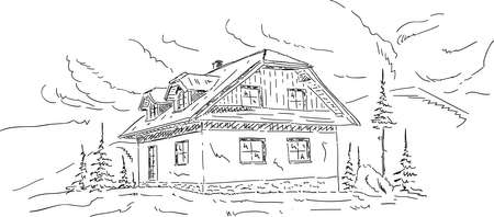 new house under mountains, isolated on backgroundのイラスト素材