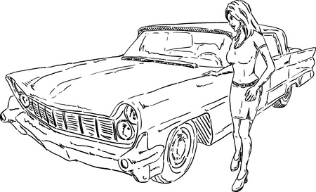 american old car with girlのイラスト素材