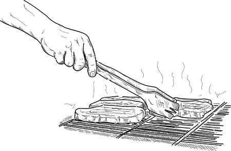 vector  hand  grilling a steak on the  barbequeのイラスト素材