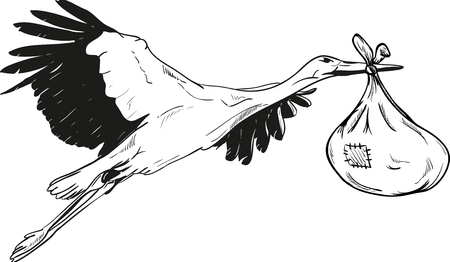 Flying Stork with Baby Bag - isolated on backgroundのイラスト素材