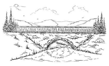 vector - Landscape with Bridge - isolated on backgroundのイラスト素材