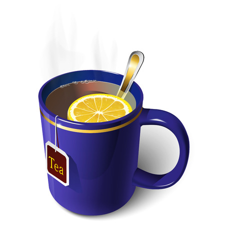 Blue mug of tea with lemonのイラスト素材