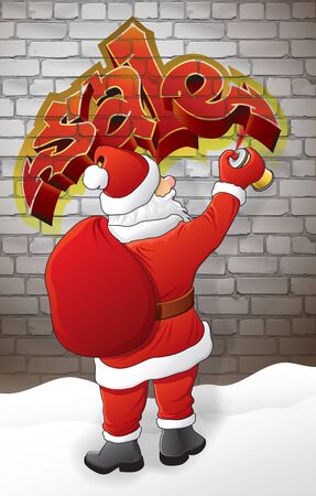 Santa draws "sale" on the brick wall at nightのイラスト素材