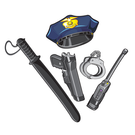 Police cap, baton, handcuffs, walkie-talkieのイラスト素材
