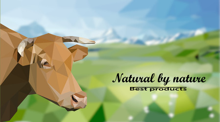 The head of a cow against a background of alpine meadows . Polygonal vector illustrationのイラスト素材