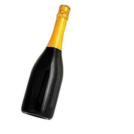 Champagne bottle isolated on a white background, dark glass, gold foilの写真素材