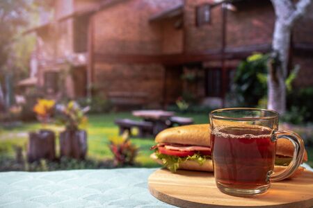 A cup of black coffee or tea and sandwich breakfast in the courtyard, summer, lifestyle, horizontalの写真素材
