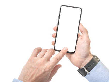 man hand holding the black smartphone with blank screen and finger touching. modern frameless...